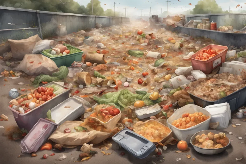 Discariche con tanti resti alimentari rovesciati a terra.